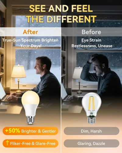 Miniatura 4 de BoRccidt SunLike - Bombilla de luz de espectro completo de 2700 K, LED cálido de 15 W = 100 W, sin parpadeo y sin rayos UV, 90+CRI y 30000 H de vida