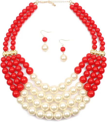 Miniatura 3 de Shineland - Gargantilla hecha a mano con cuentas de imitación multicapa, Plástico, Collar de gargantilla con cuentas de perlas de imitación