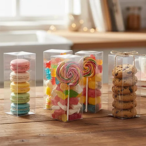 Miniatura 3 de Peohud 80 cajas transparentes para regalos, 2 cajas transparentes de 2 x 2 x 6 pulgadas, cajas de embalaje de plástico con chocolate macarrón