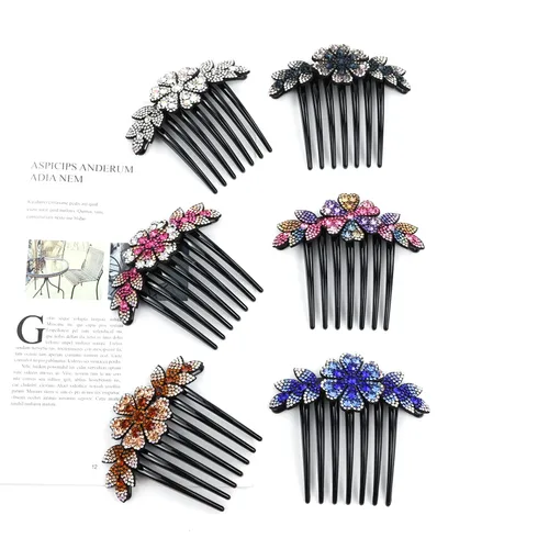 Miniatura 6 de Lawie Paquete de 6 peines de pelo de lujo con purpurina brillante y diseño de hojas de flores y diamantes de imitación negros laterales franceses