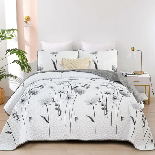 Miniatura 35 de Dinjoy Juego de colcha floral tamaño Queen, colcha azul agua tamaño Queen de 3 piezas, juego de ropa de cama ligera de estilo granja, colcha