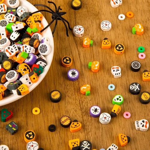 Miniatura 3 de 200 cuentas de arcilla polimérica de Halloween, cuentas espaciadoras Heishi mixtas para mujeres, pulseras, aretes, collares, fabricación de joyas