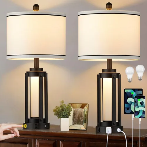 Miniatura 13 de Modern Table Lamps Set of 2, Industrial 3-Way Dimmable Bedside Lamp with USB A+C Ports & AC Outlet, 25" Touch Control Nightstand Lamp LED Night