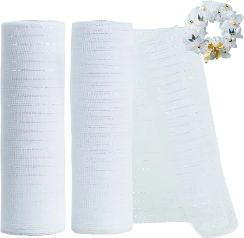 TONIFUL 2 rollos de cinta de malla decorativa blanca de 10 pulgadas, malla de tela con papel de aluminio para suministros de corona de malla, corona