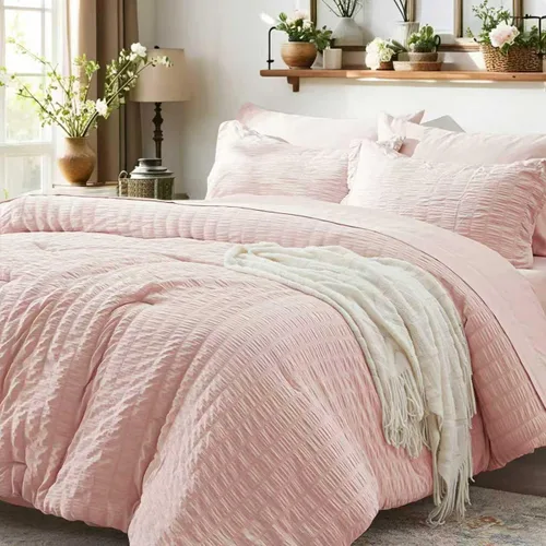 Miniatura 35 de Zzlpp Juego de edredón King de 7 piezas, ropa de cama de seersucker naranja quemado en una bolsa con sábanas, juegos de ropa de cama ligeros con 1