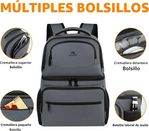 Miniatura 5 de MATEIN Mochila enfriadora, 26 latas, mochila térmica de almuerzo para hombres y mujeres, a prueba de fugas, de doble capa, mochila de almuerzo Gris