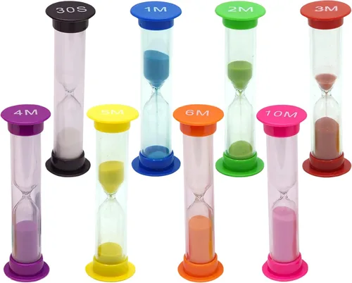 Temporizador de arena para niños, juego de 8 pequeños reloj de arena colorido acrílico cubierto de 30 segundos, 1 minuto, 2 minutos, 3 minutos, 4