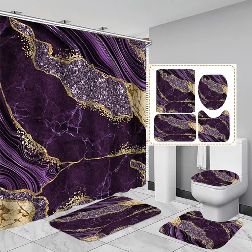 Miniatura 9 de Juego de 4 piezas de cortinas de ducha de mármol, juegos de baño modernos con cortinas de ducha, alfombra para tapa de inodoro, tapete de contorno