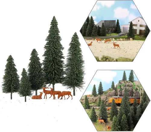 S0804T - 20 árboles de cedro modelo de pino verde oscuro de 2.05-4.96 pulgadas (2.047-4.961 in) y 4 alces ciervos alces para modelo de ferrocarril