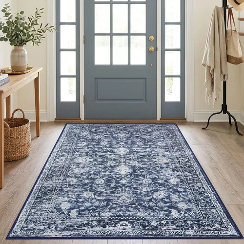 Miniatura 81 de KILOCOCO Alfombra lavable de 2 x 3 para entrada, estampado floral vintage, suave, antideslizante, azul, alfombras de cocina, tapete