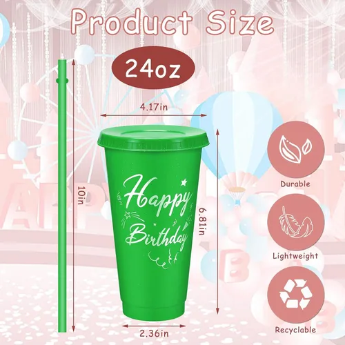 Miniatura 2 de Uiifan 30 vasos de cumpleaños a granel con tapas y pajitas, vasos reutilizables de color morado y rosa para regalos de fiesta, regalos de devolución