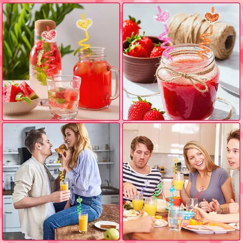 Miniatura 7 de JANYUN Pajitas, 20 popotes de plástico reutilizables con forma de corazón, regalos para fiestas, popotes con purpurina, regalos para niños, premios