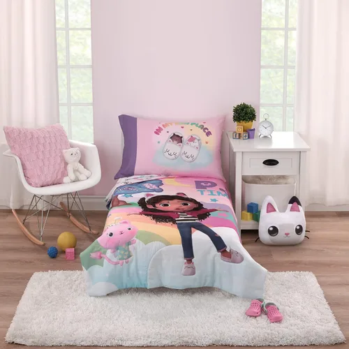 NoJo DreamWorks Gabby's Dollhouse Dream It Up Arcoíris Multicolor Hora de Dormir - Juego de cama de 4 piezas para cama de niño pequeño - Edredón,