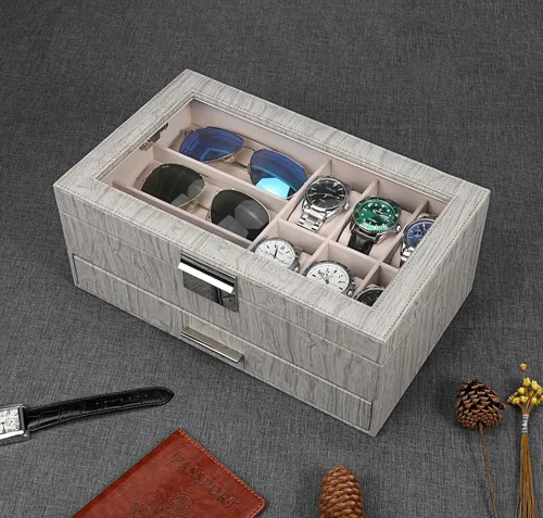 Miniatura 5 de LANDICI Caja organizadora de relojes para hombres y mujeres, 2 capas y 6 ranuras de piel sintética con parte superior de cristal, soporte grande