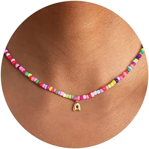 M MOOHAM Collares con iniciales de cuentas coloridas para niñas, mujeres y niños, lindo collar de letras bohemias con cuentas delicadas, joyería