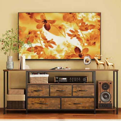 Miniatura 9 de Soporte de TV para televisores de hasta 75 pulgadas, mesa consola industrial de TV con 5 cajones de tela y 3 estantes abiertos, centro
