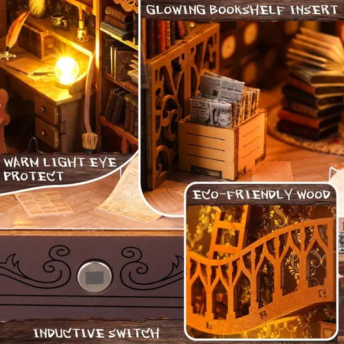 Miniatura 3 de Kit de rincón de libros de bricolaje: estante de rompecabezas de madera 3D con luz LED, decoración de sujetalibros en miniatura para adultos