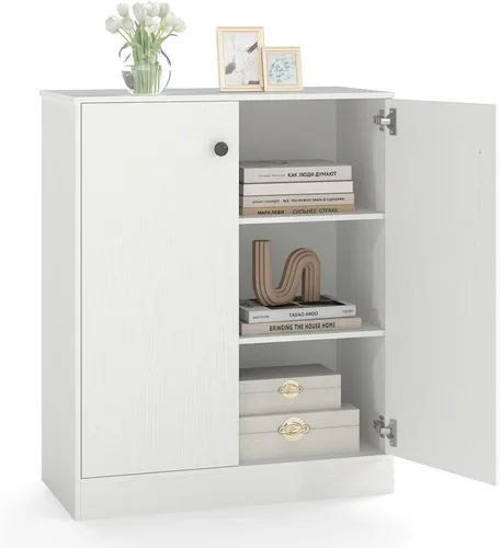Miniatura 10 de LOKO Armario de almacenamiento de 2 puertas, armario de piso moderno con estante de 3 niveles, gabinete lateral independiente con dispositivo Negro