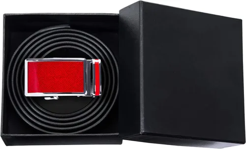 Miniatura 4 de YOHOWA Cinturón de hebilla de oro para hombre, cinturón de piel de vaca, hebilla de trinquete automática, sin agujeros, color negro para jeans, caja
