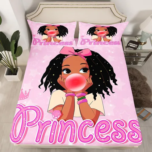 Miniatura 8 de Erosebridal Lindas sábanas negras para niñas, sábana bajera ajustable de niña africana americana, tamaño individual, sábanas psicodélicas moradas