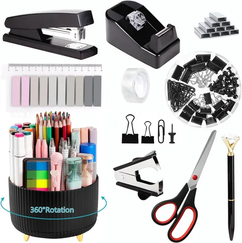 Miniatura 18 de Suministros de oficina, accesorios de escritorio negros, juego de suministros de oficina, juego de grapadora y dispensador de cinta, tijeras
