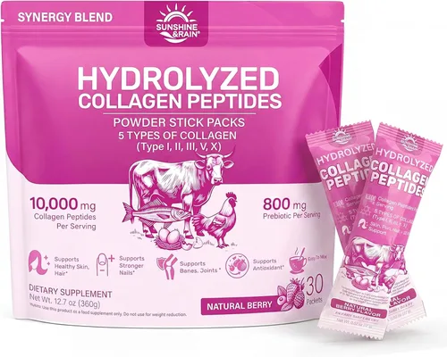 Polvo de péptidos de colágeno múltiple para mujeres, 0.35 onzas de colágeno hidrolizado tipo I, II, III, V y X con biotina, ácido hialurónico y
