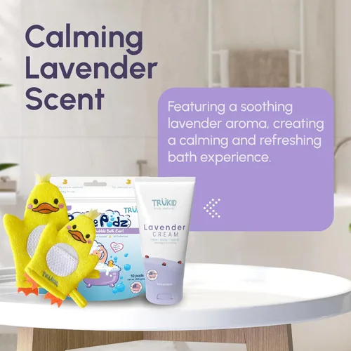 Miniatura 8 de TruKid Lavender Bubble Podz, juego de crema para bebés y guantes de burbujas, paquete relajante de baño y cuidado de la piel para niños