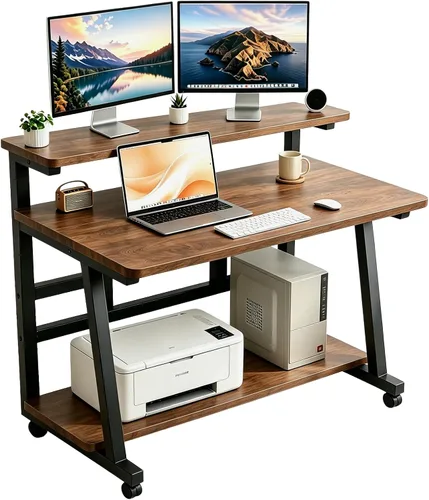 Miniatura 10 de Escritorio compacto de 31.5 pulgadas para computadora con mesa de trabajo de niveles y ruedas con bloqueo, escritorio pequeño para dormitorio