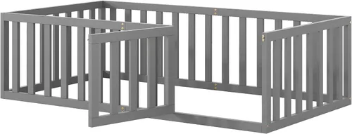 Miniatura 5 de Bellemave Montessori - Cama de suelo para niños, marco de cama de tamaño individual con barandillas en forma de valla y puerta, cama individual