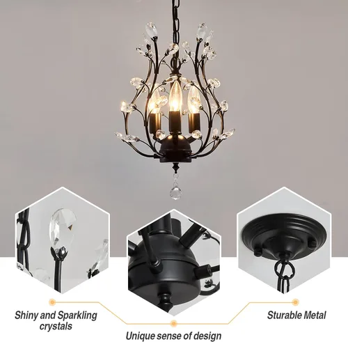 Miniatura 5 de CVKASH Candelabro de Cristal de Rama de 3 Luces Pequeño Montaje al Ras Colgante Vintage Iluminación Colgante Estilo Granja Accesorio de Luz