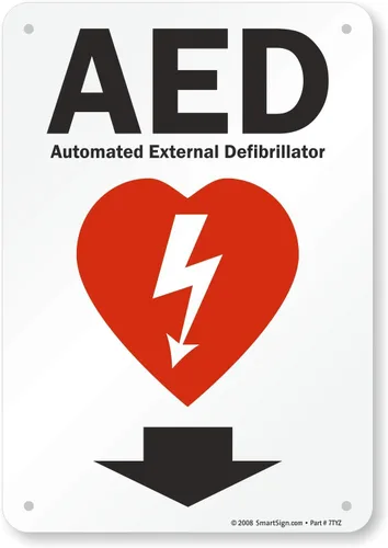 SmartSign Cartel "AED - Desfibrilador externo automatizado" de 10 x 7 pulgadas con flecha hacia abajo, impresión digital, plástico HDPE de 55 mil,