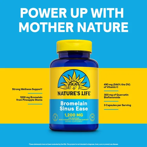 Miniatura 4 de Nature's Life Bromelain Sinus Ease 1200 mg - Suplemento de apoyo inmunológico con vitamina C, más quercetina - Suplemento de salud inmunológica
