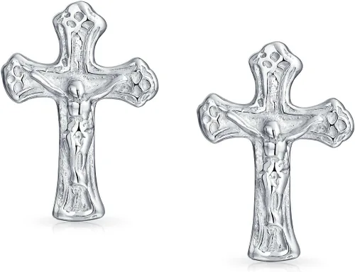 Miniatura 2 de Aretes pequeños religiosos con cruz de crucifijo católico para mujeres y hombres, adolescentes, regalo de comunión, plata esterlina 925, Metal, sin