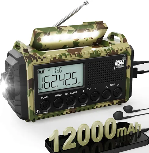 Miniatura 11 de Radio de emergencia de 12000 mAh - Alerta meteorológica AUTO NOAA, manivela solar AM/FM/SW/NOAA, linterna, cargador de teléfono, sirena SOS, kit