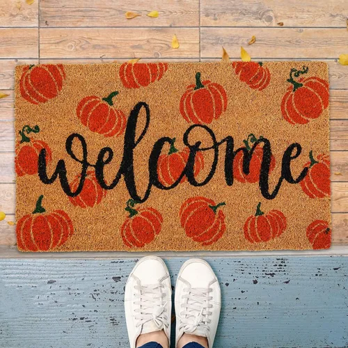 Miniatura 6 de AnyDesign Tapete de fibra de coco de otoño con diseño de calabazas de bienvenida, antideslizante, tapete decorativo de otoño para puerta de entrada