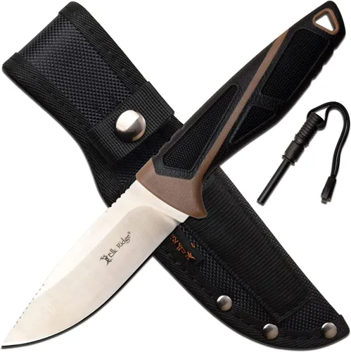 Elk Ridge - Cuchillo de hoja fija para exteriores - Hoja de acero inoxidable con acabado satinado, mango de fibra de nailon negro/marrón con goma -