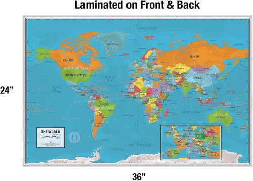 Miniatura 2 de Póster laminado del mapa del mundo académico Versión educativa de escuela primaria Etiquetas grandes fáciles de leer 36 x 24 pulgadas Se