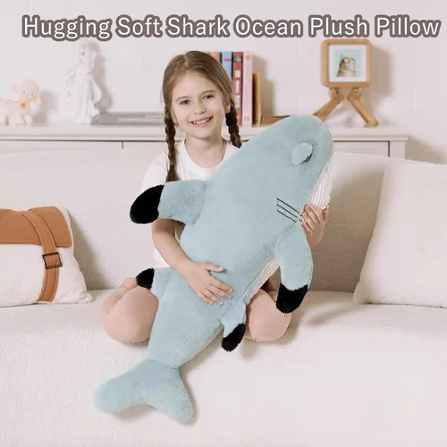 Miniatura 4 de Tezituor Animales de peluche de gran tiburón blanco de 32 pulgadas, almohada grande de peluche de tiburón de 2.6 pies para niñas y niños, juguete
