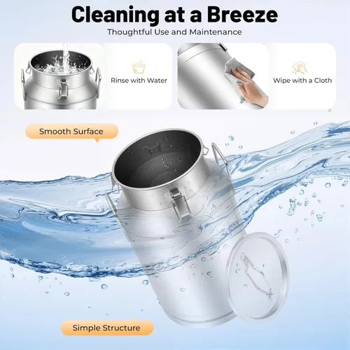 Miniatura 4 de Lata de leche de acero inoxidable de 40 litros/10.56 galones, cubo de jarra de leche resistente con mango ergonómico y tapa hermética, recipiente