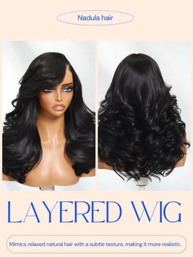 Miniatura 8 de Nadula Bye Bye Slip Peluca de Cabello Humano con Capas Emplumadas y Raya Lateral con Cordón, Densidad 200%, Sin Pegamento Pre Cortada 7X5 Loose Body