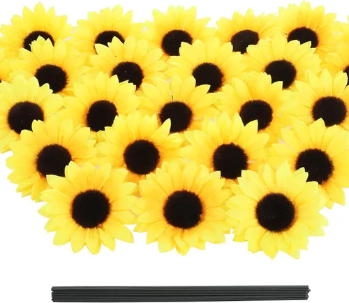 DuHouse 40 cabezas de girasoles artificiales con tallos de 4 pulgadas, cabezas de girasol artificiales de seda para exteriores, hogar, boda, fiesta