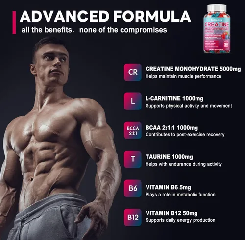 Miniatura 2 de Gomitas de monohidrato de creatina de 8000 mg con BCAA, L-carnitina, taurina y vitamina B12, suplemento preentrenamiento para crecimiento muscular