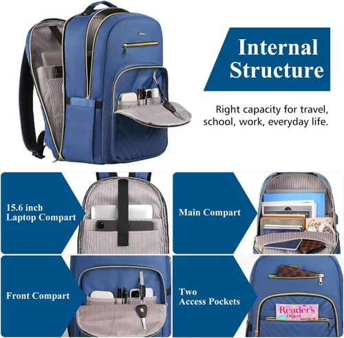 Miniatura 3 de YAMTION Mochila para mujer, mochila para laptop de 15.6 pulgadas para mujer, mochila USB para negocios, trabajo, oficina, universidad, azul oscuro