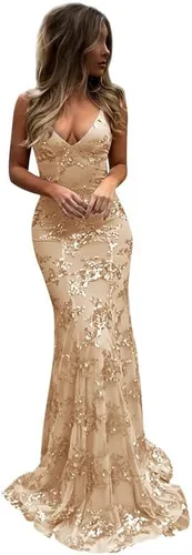 POMUYOO Vestido formal de noche con tirantes delgados y lentejuelas para mujer, largo cuello en V, espalda descubierta, vestido formal de