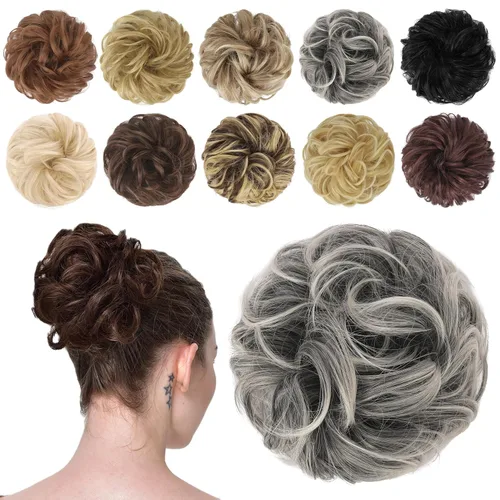 Miniatura 26 de FESHFEN Pieza de Cabello de Moño Desordenado - Extensiones Elásticas Onduladas Rizadas de Moño Scrunchies Sintético Chignon Postizos para Mujeres