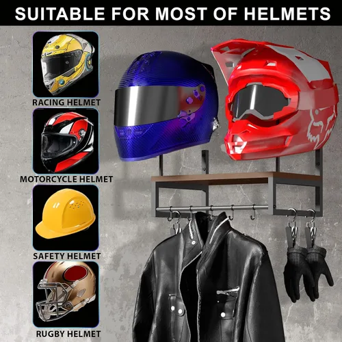 Miniatura 3 de Soporte de pared para casco, estante retro para casco con tabla de madera, 2 soportes para casco para almacenamiento de equipo de motocicleta