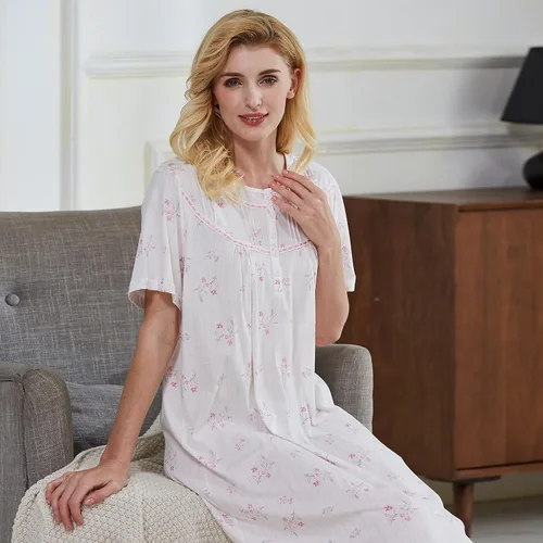 Miniatura 4 de Keyocean - Camisón de algodón para mujer, suave, cómodo, ligero, manga corta, vestido de casa, ropa de dormir, ropa de sala para verano.