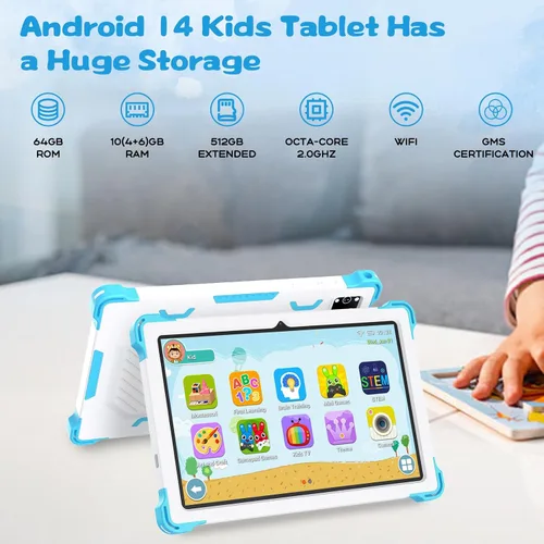 Miniatura 2 de Tablet para niños de 10 pulgadas Android 14 con funda protectora, Octa-Core, 10GB+64GB/512GB expandible, batería de 6000mAh, WiFi, BT, control