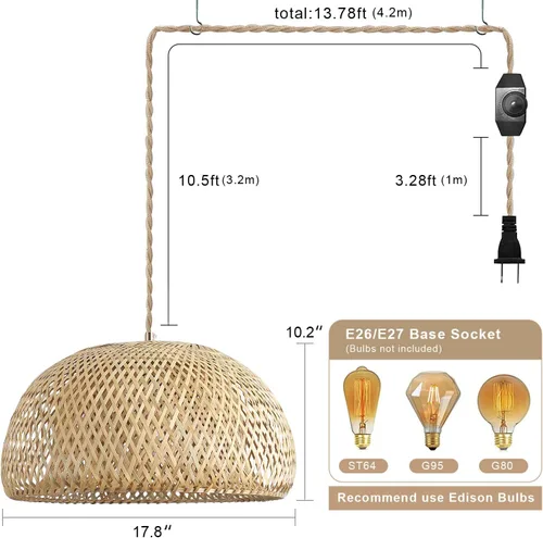 Miniatura 4 de Lámpara colgante grande de bambú enchufable con cable tejido hecho a mano de 14 pies, interruptor regulable, lámpara colgante de cesta rústica