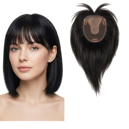 Miniatura 9 de Peluca de cabello humano para mujer con flequillo, peluca con clip para cabello fino + base de cuero cabelludo de poliuretano de alta densidad